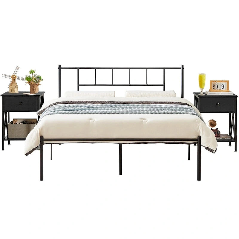 Ensemble de lit 3 pièces avec tête de lit en bois et 2 tables de chevet assorties, style moderne