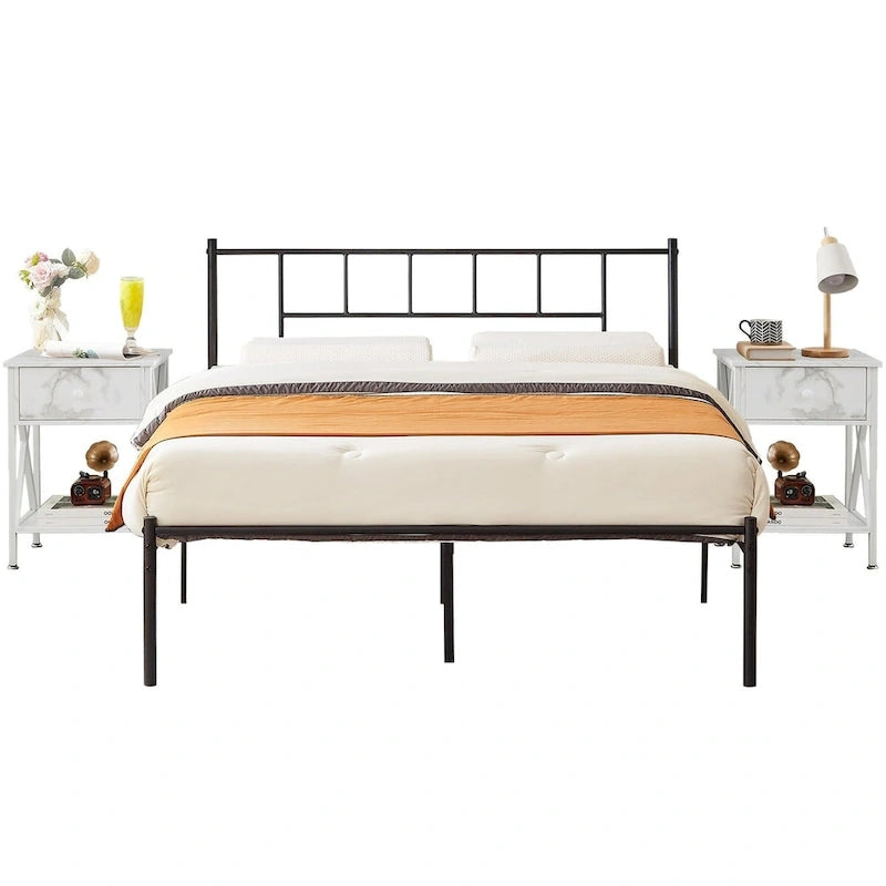 Ensemble de lit 3 pièces avec tête de lit en bois et 2 tables de chevet assorties, style moderne