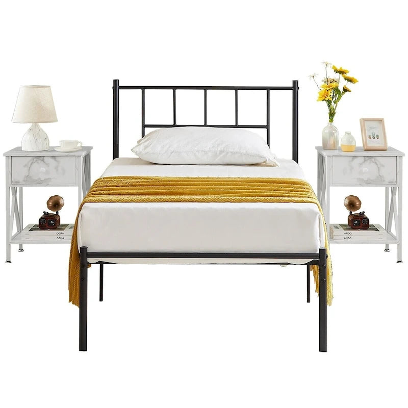 Ensemble de lit 3 pièces avec tête de lit en bois et 2 tables de chevet assorties, style moderne