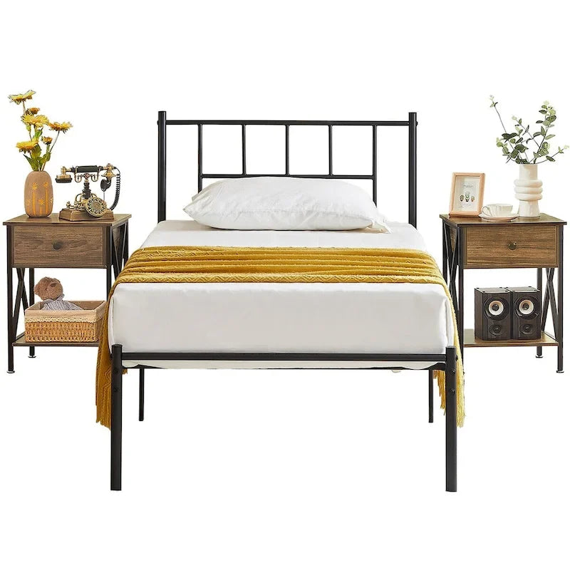 Ensemble de lit 3 pièces avec tête de lit en bois et 2 tables de chevet assorties, style moderne