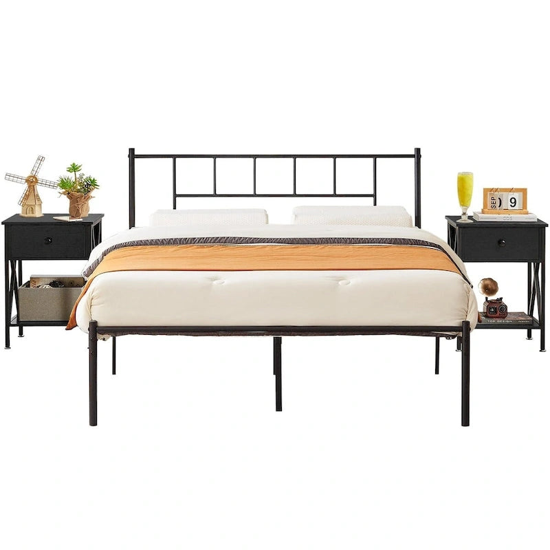 Ensemble de lit 3 pièces avec tête de lit en bois et 2 tables de chevet assorties, style moderne