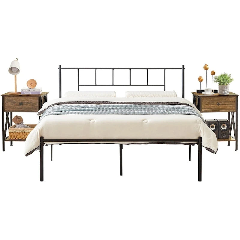 Ensemble de lit 3 pièces avec tête de lit en bois et 2 tables de chevet assorties, style moderne