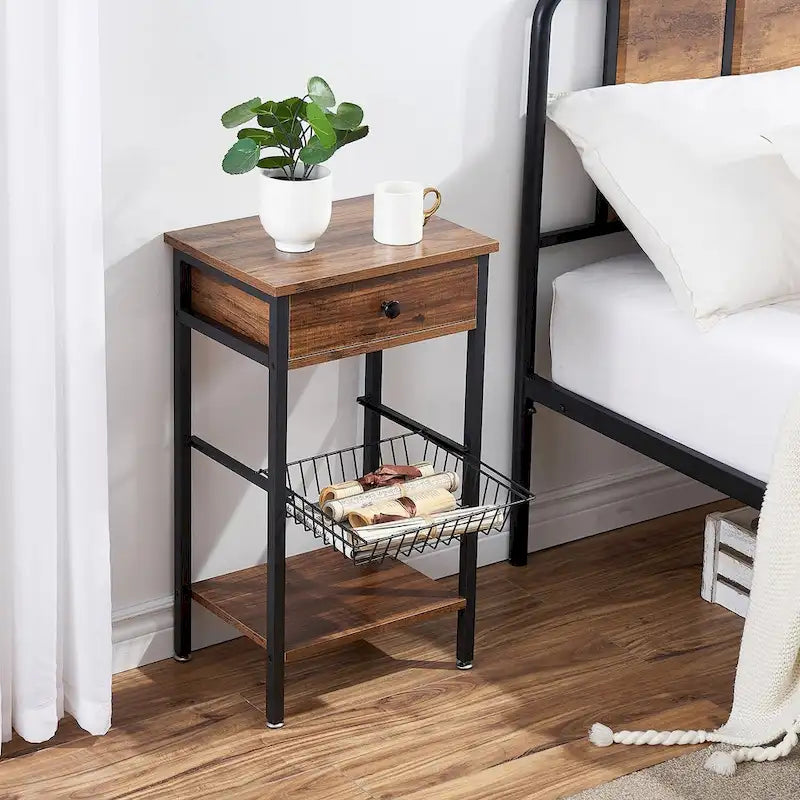 Lot de 2 tables de chevet modernes à 1 tiroir avec panier amovible, tables d'appoint de chambre