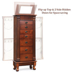 Meuble de rangement à bijoux en bois marron à 7 tiroirs avec 1 miroir rabattable sur le dessus et 4 compartiments – 15(L) x 9(l) x 38,5(H)