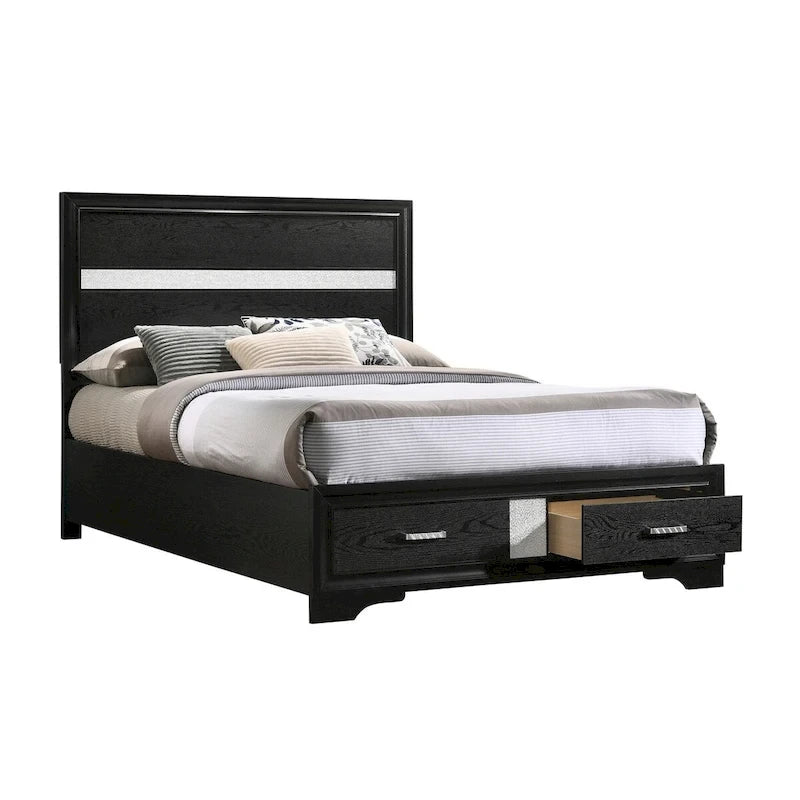 Vino Full Size Panel Bed with 2 Storage Drawers, Acrylic Glitter, Black