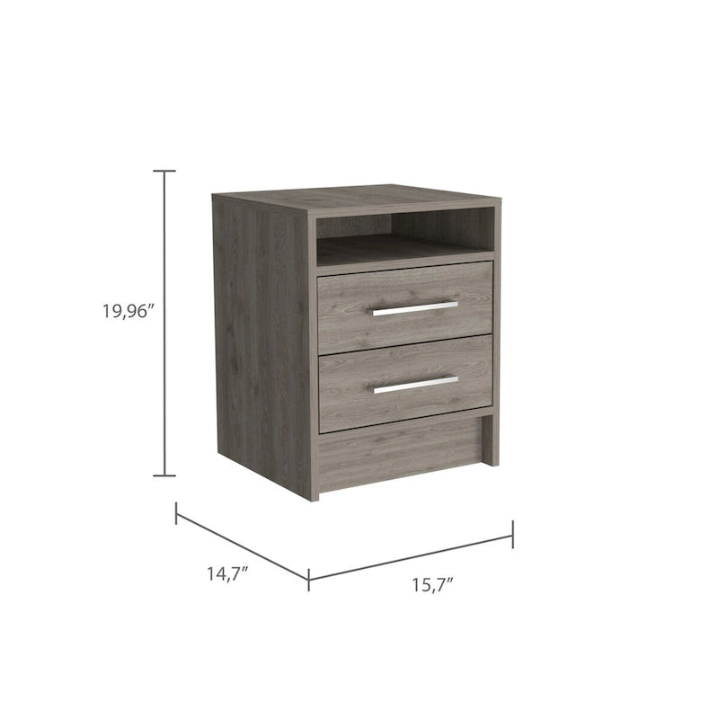 Table de chevet rectangulaire à 2 tiroirs et 1 étagère, finition chêne fumé