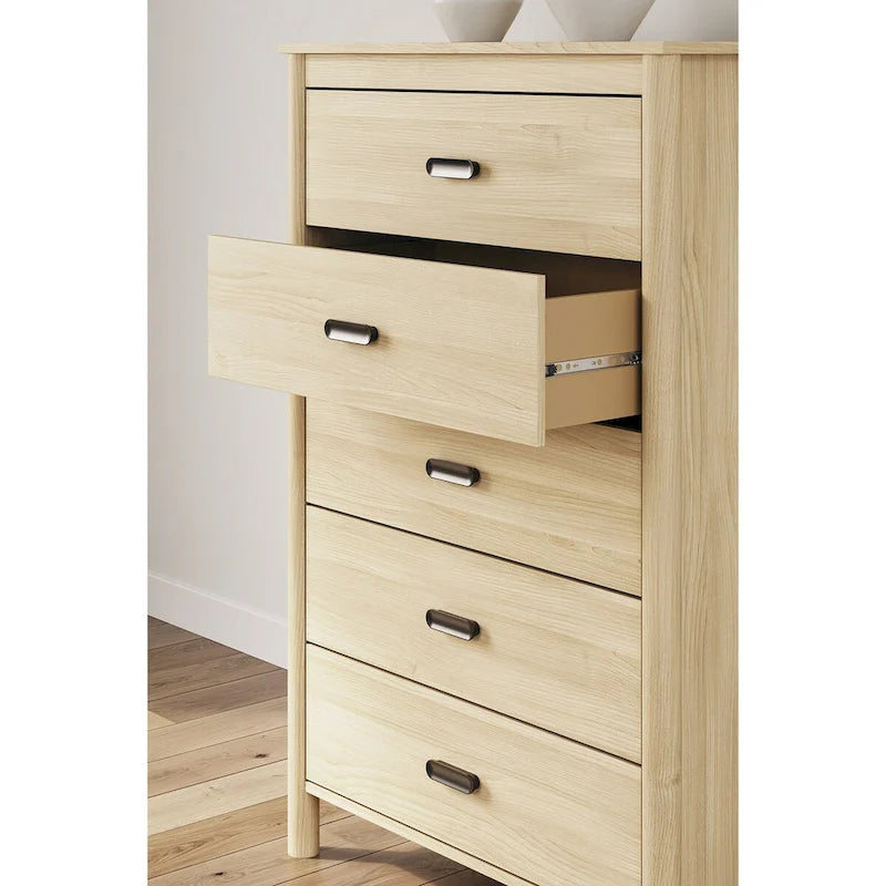 Commode brun clair, commode de rangement de chambre à coucher à 5 tiroirs