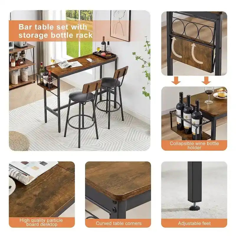 Ensemble de 3 pièces de table de bar industrielle avec porte-bouteilles