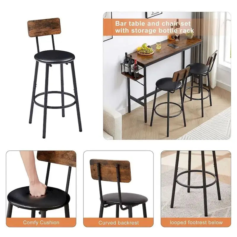 Ensemble de 3 pièces de table de bar industrielle avec porte-bouteilles