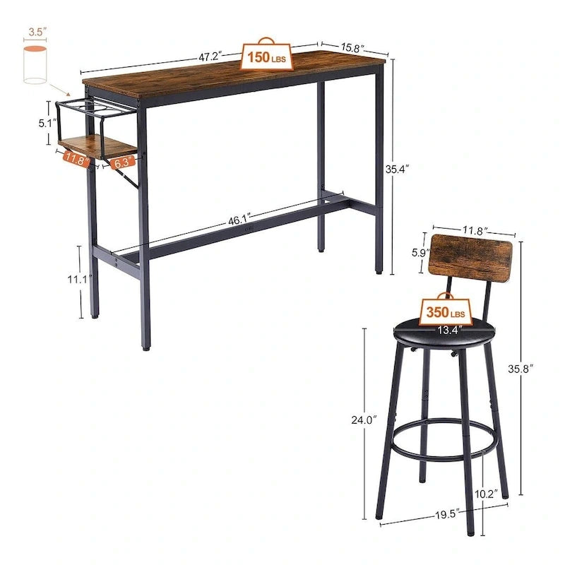 Ensemble de 3 pièces de table de bar industrielle avec porte-bouteilles
