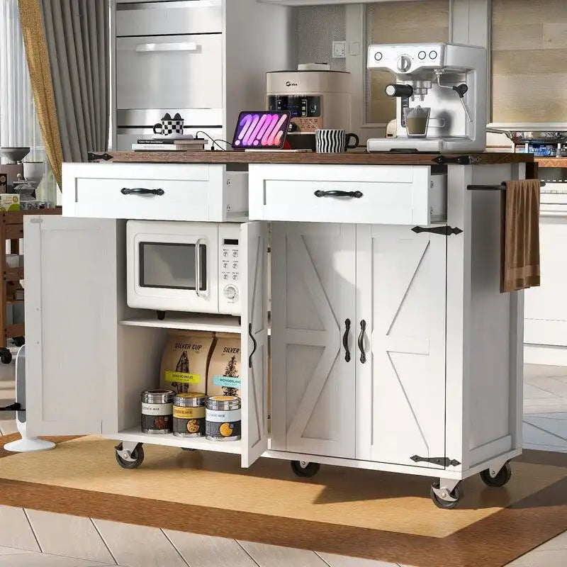 Kitchen Island with Power Outlet, Kitchen Storage Island with Drop Leaf