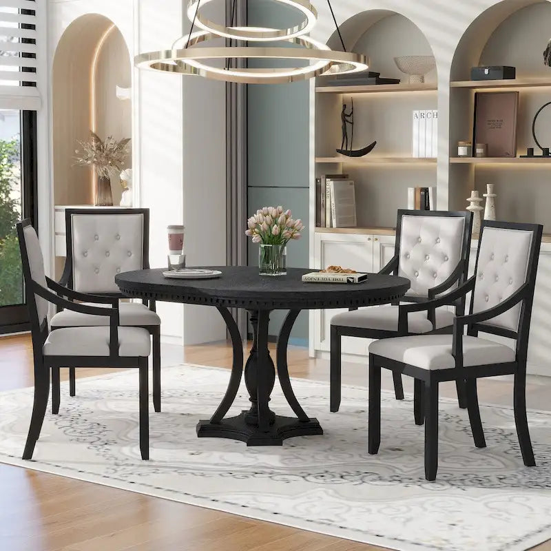 Ensemble de salle à manger 5 pièces avec table à manger ronde extensible et 4 chaises rembourrées pour cuisine et salle à manger