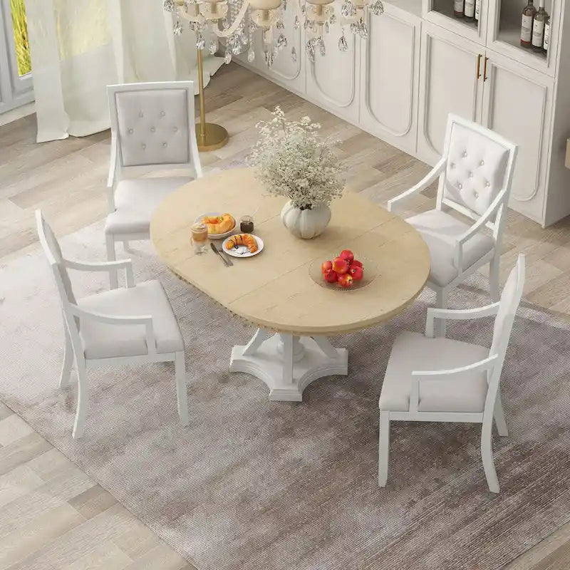 Ensemble de salle à manger 5 pièces avec table à manger ronde extensible et 4 chaises rembourrées pour cuisine et salle à manger