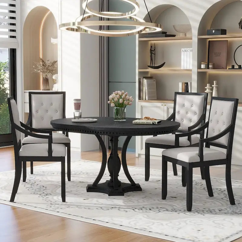 Ensemble de salle à manger 5 pièces avec table à manger ronde extensible et 4 chaises rembourrées pour cuisine et salle à manger
