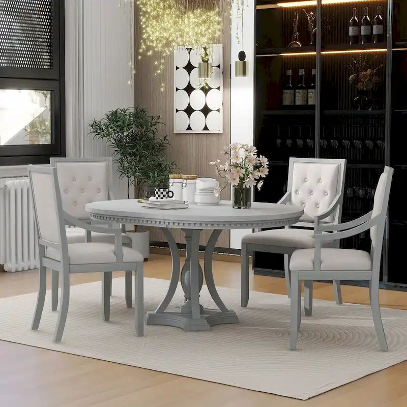Ensemble de salle à manger 5 pièces avec table à manger ronde extensible et 4 chaises rembourrées pour cuisine et salle à manger