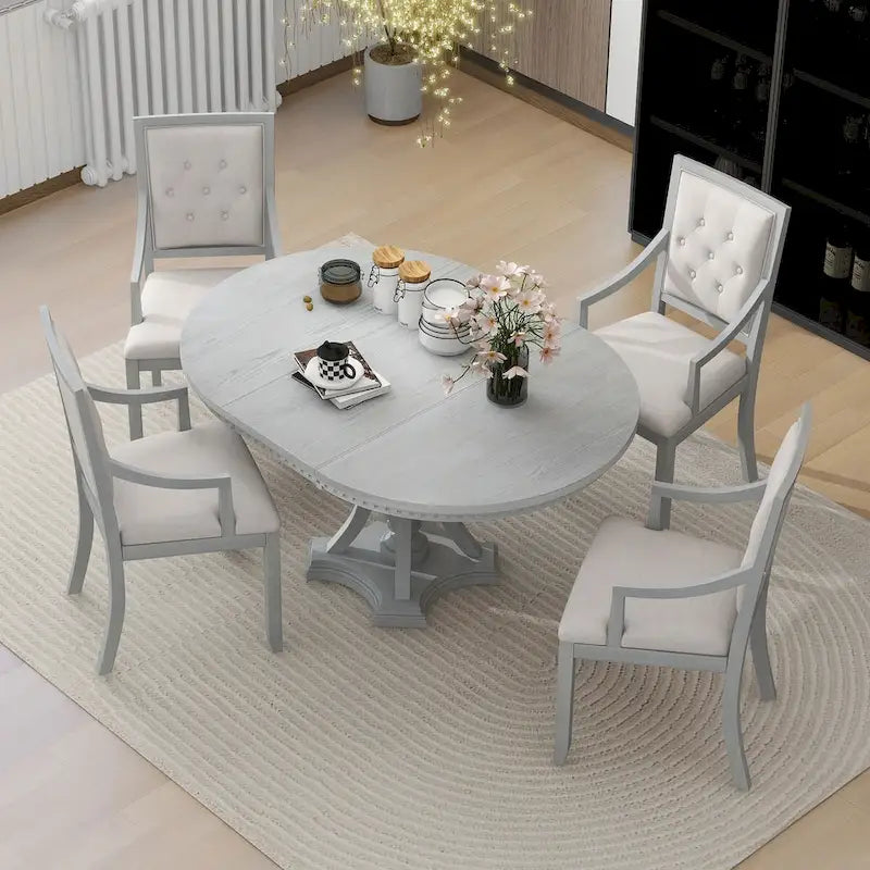 Ensemble de salle à manger 5 pièces avec table à manger ronde extensible et 4 chaises rembourrées pour cuisine et salle à manger