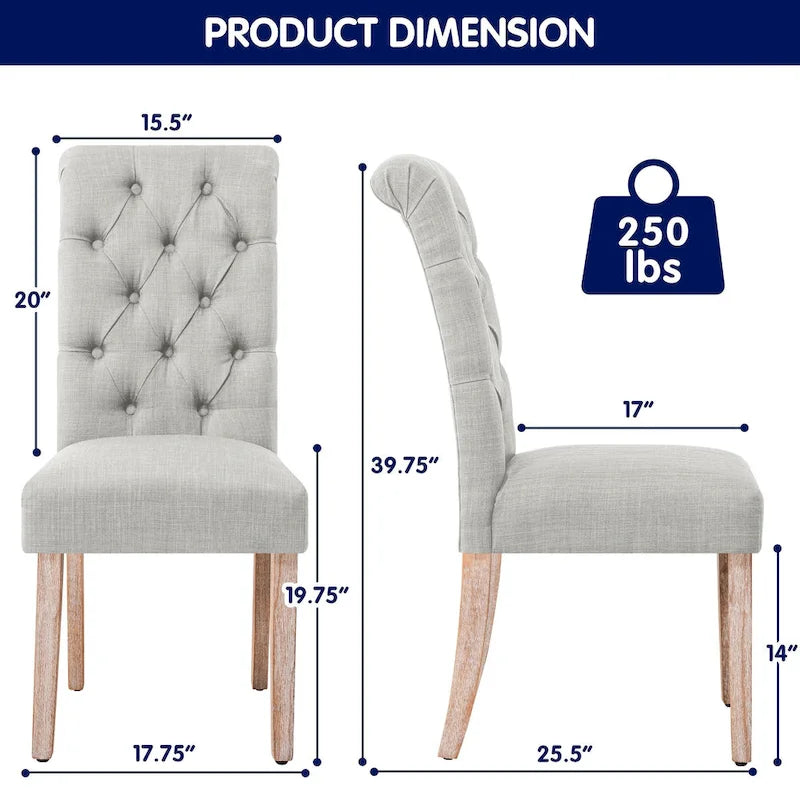 Lot de 2 chaises de salle à manger Parsons rembourrées en lin avec capitonnage