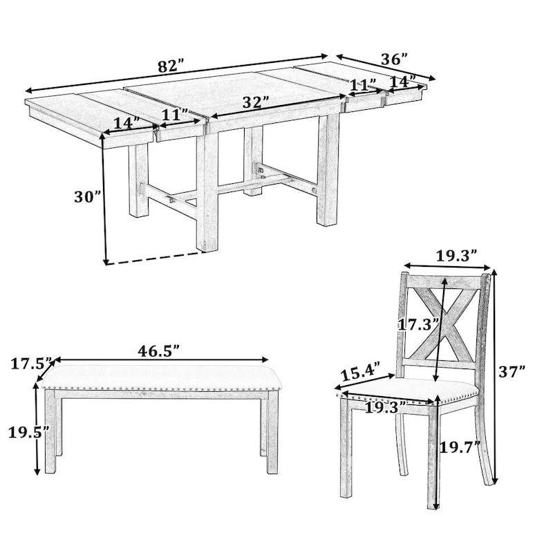 Table à manger 6 places avec repose-pieds, 4 chaises et banc de salle à manger, deux rallonges amovibles de 11