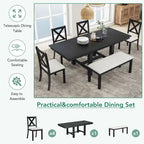 Table à manger 6 places avec repose-pieds, 4 chaises et banc de salle à manger, deux rallonges amovibles de 11