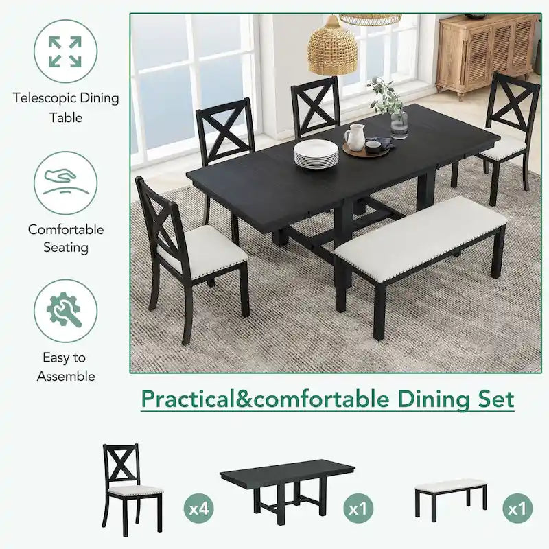 Table à manger 6 places avec repose-pieds, 4 chaises et banc de salle à manger, deux rallonges amovibles de 11