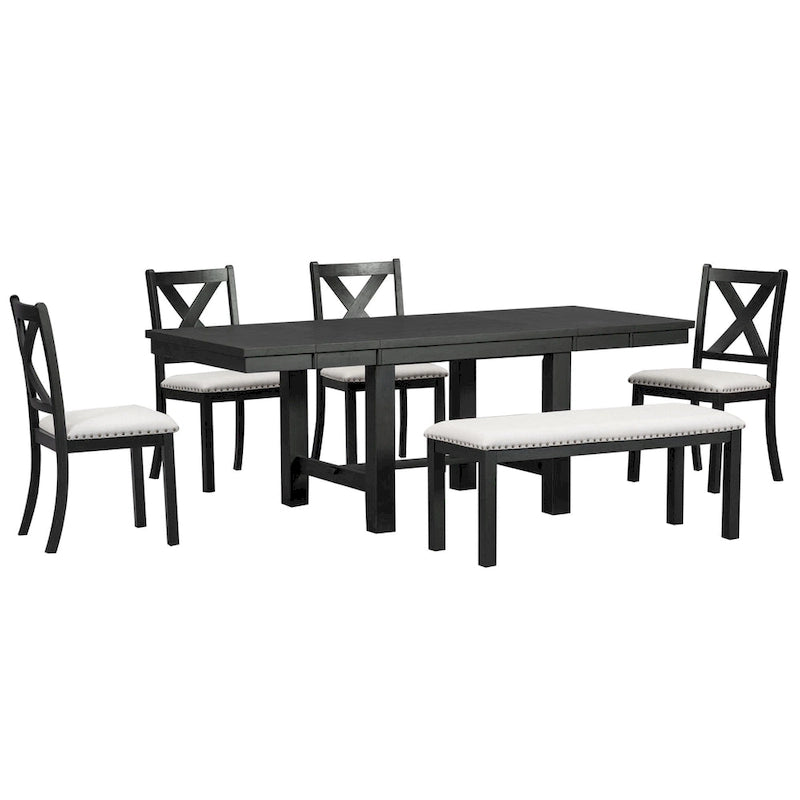 Table à manger 6 places avec repose-pieds, 4 chaises et banc de salle à manger, deux rallonges amovibles de 11