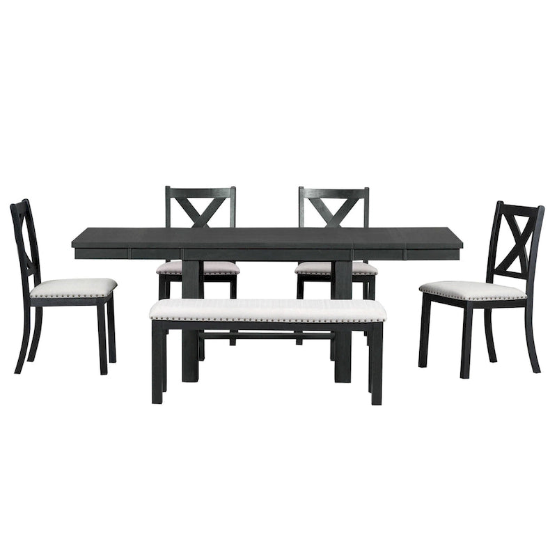 Table à manger 6 places avec repose-pieds, 4 chaises et banc de salle à manger, deux rallonges amovibles de 11