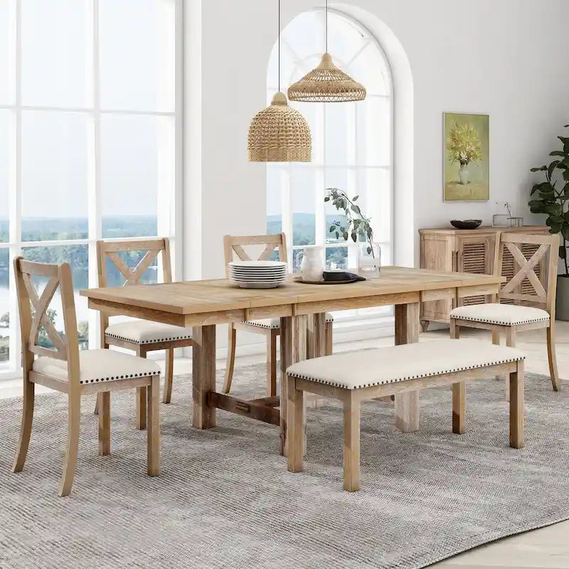 Table à manger 6 places avec repose-pieds, 4 chaises et banc de salle à manger, deux rallonges amovibles de 11