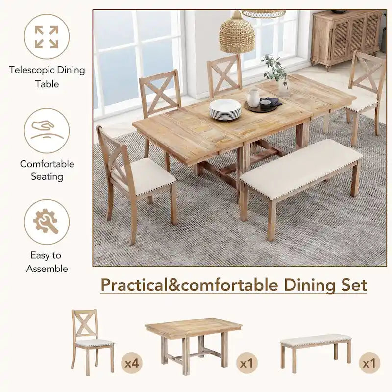 Table à manger 6 places avec repose-pieds, 4 chaises et banc de salle à manger, deux rallonges amovibles de 11