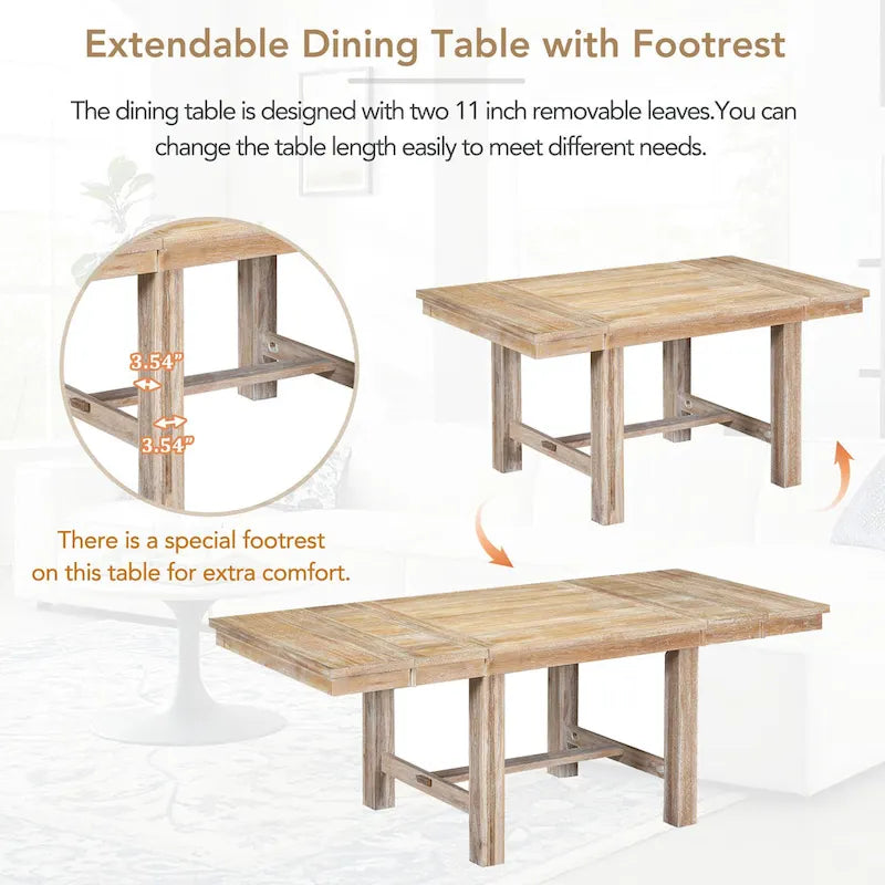Table à manger 6 places avec repose-pieds, 4 chaises et banc de salle à manger, deux rallonges amovibles de 11