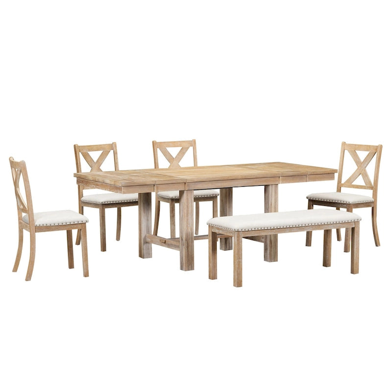 Table à manger 6 places avec repose-pieds, 4 chaises et banc de salle à manger, deux rallonges amovibles de 11