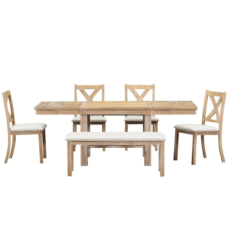 Table à manger 6 places avec repose-pieds, 4 chaises et banc de salle à manger, deux rallonges amovibles de 11