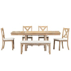 Table à manger 6 places avec repose-pieds, 4 chaises et banc de salle à manger, deux rallonges amovibles de 11