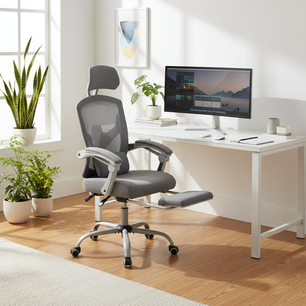 Chaise de bureau à domicile avec repose-pieds, chaises inclinables en maille à dossier haut avec appuie-tête pour la maison, le bureau, le jeu, les étudiants
