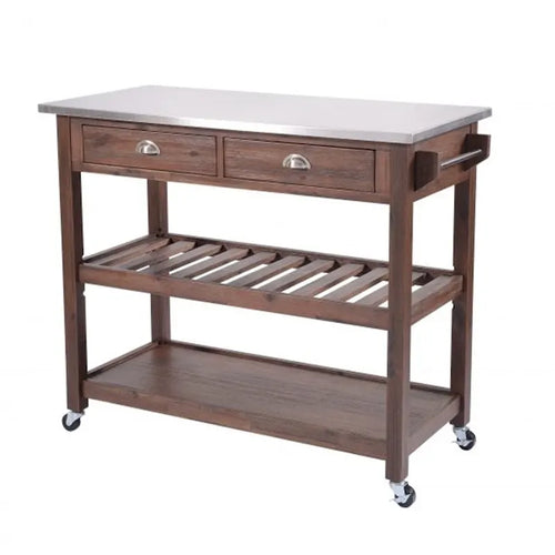 Chariot de cuisine en bois à 2 tiroirs avec plateau en métal et roulettes, gris et marron