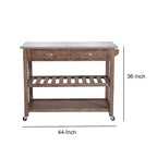 Chariot de cuisine en bois à 2 tiroirs avec plateau en métal et roulettes, gris et marron