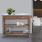 Chariot de cuisine en bois à 2 tiroirs avec plateau en métal et roulettes, gris et marron