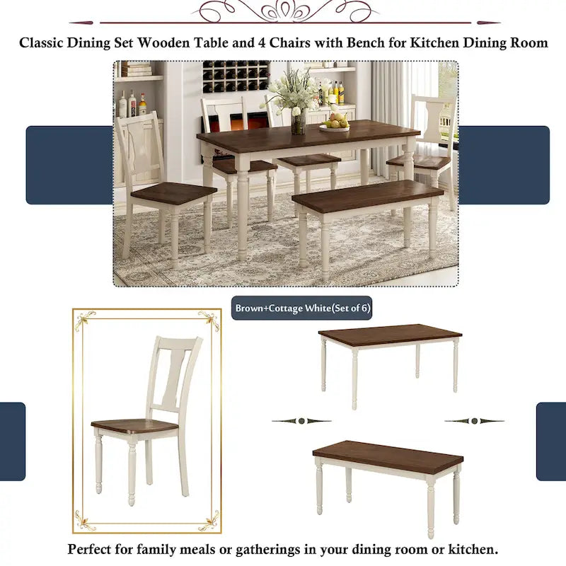 Ensemble de salle à manger classique 6 pièces Table en bois et 4 chaises avec banc