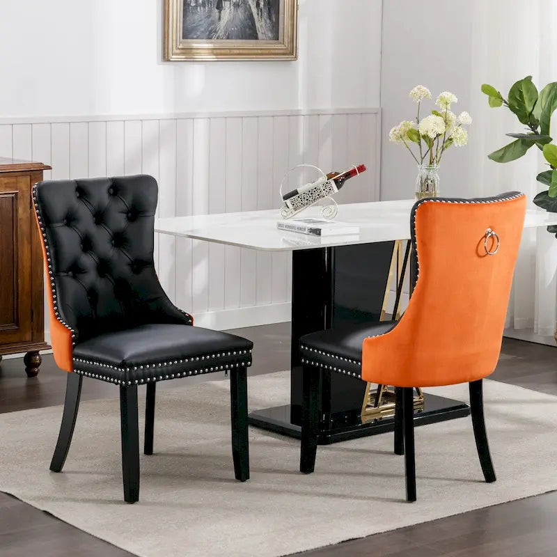 Lot de 2 chaises de salle à manger capitonnées en PU et velours avec garniture cloutée et pieds en bois