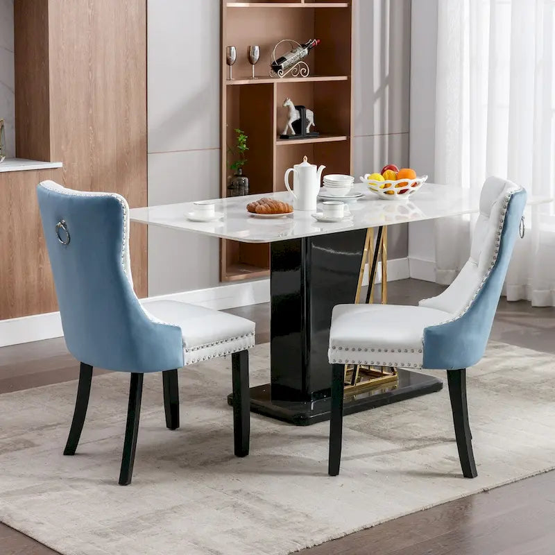Lot de 2 chaises de salle à manger capitonnées en PU et velours avec garniture cloutée et pieds en bois