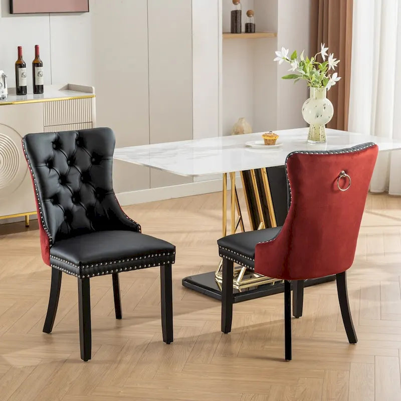 Lot de 2 chaises de salle à manger capitonnées en PU et velours avec garniture cloutée et pieds en bois
