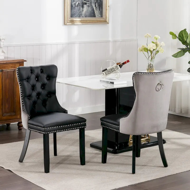 Lot de 2 chaises de salle à manger capitonnées en PU et velours avec garniture cloutée et pieds en bois
