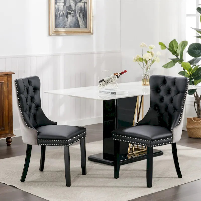 Lot de 2 chaises de salle à manger capitonnées en PU et velours avec garniture cloutée et pieds en bois
