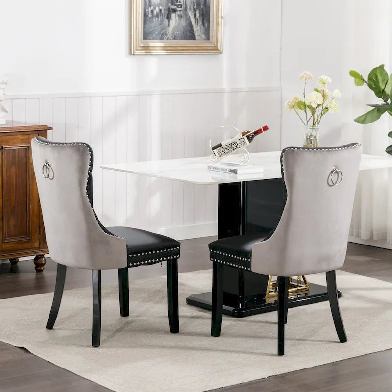 Lot de 2 chaises de salle à manger capitonnées en PU et velours avec garniture cloutée et pieds en bois