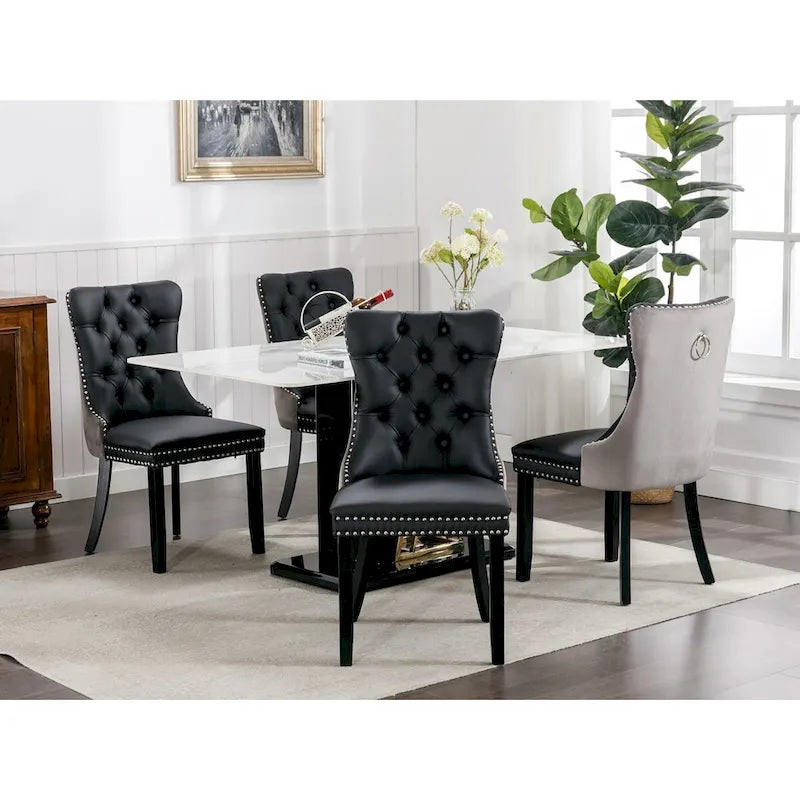 Lot de 2 chaises de salle à manger capitonnées en PU et velours avec garniture cloutée et pieds en bois
