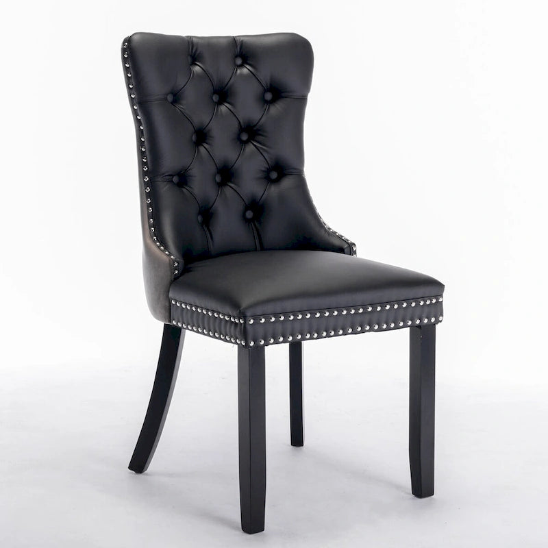 Lot de 2 chaises de salle à manger capitonnées en PU et velours avec garniture cloutée et pieds en bois