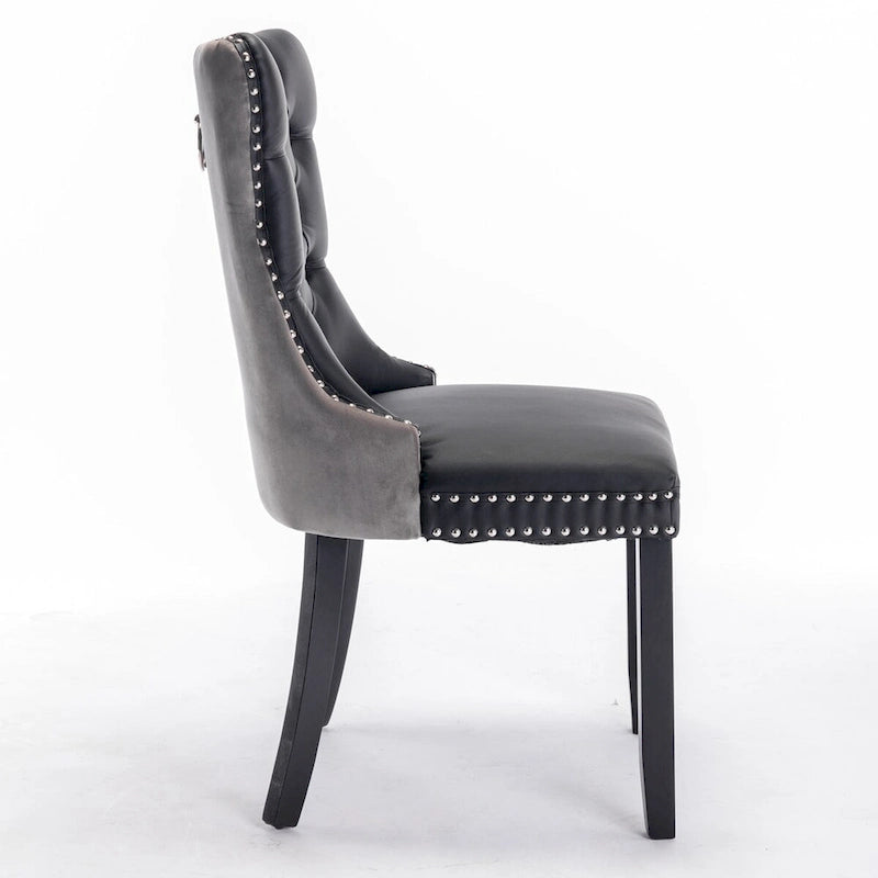 Lot de 2 chaises de salle à manger capitonnées en PU et velours avec garniture cloutée et pieds en bois