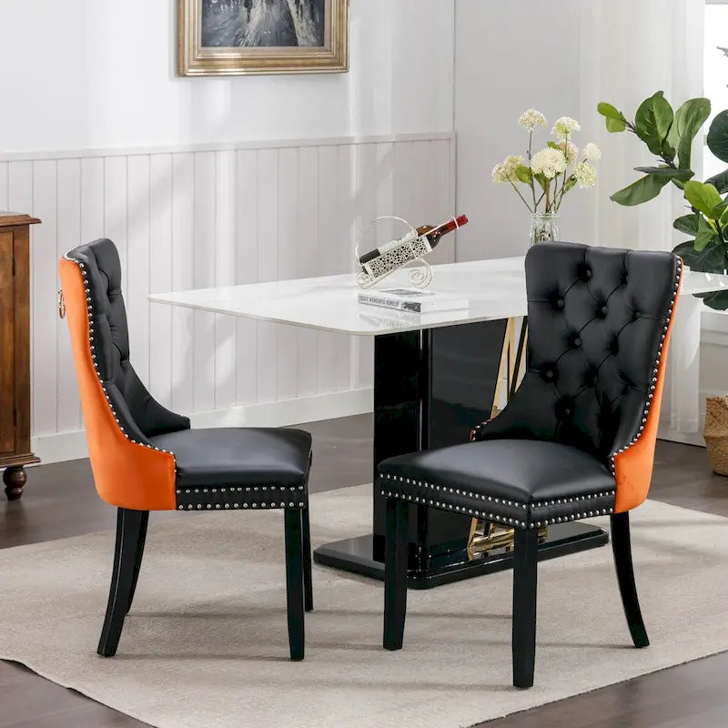 Lot de 2 chaises de salle à manger capitonnées en PU et velours avec garniture cloutée et pieds en bois