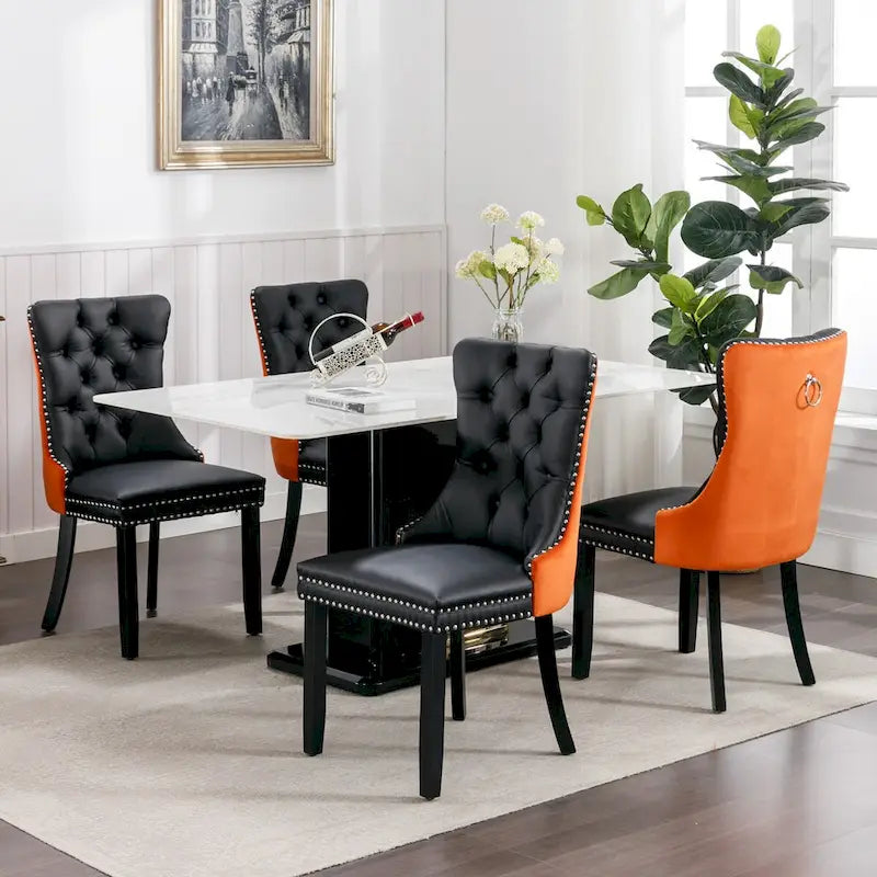 Lot de 2 chaises de salle à manger capitonnées en PU et velours avec garniture cloutée et pieds en bois