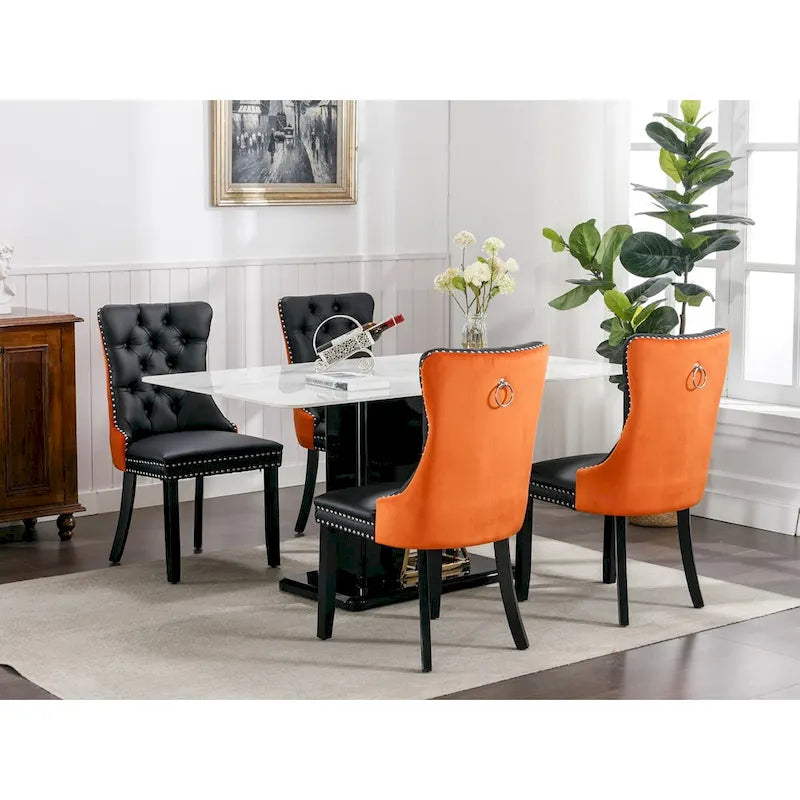 Lot de 2 chaises de salle à manger capitonnées en PU et velours avec garniture cloutée et pieds en bois