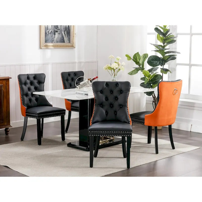 Lot de 2 chaises de salle à manger capitonnées en PU et velours avec garniture cloutée et pieds en bois